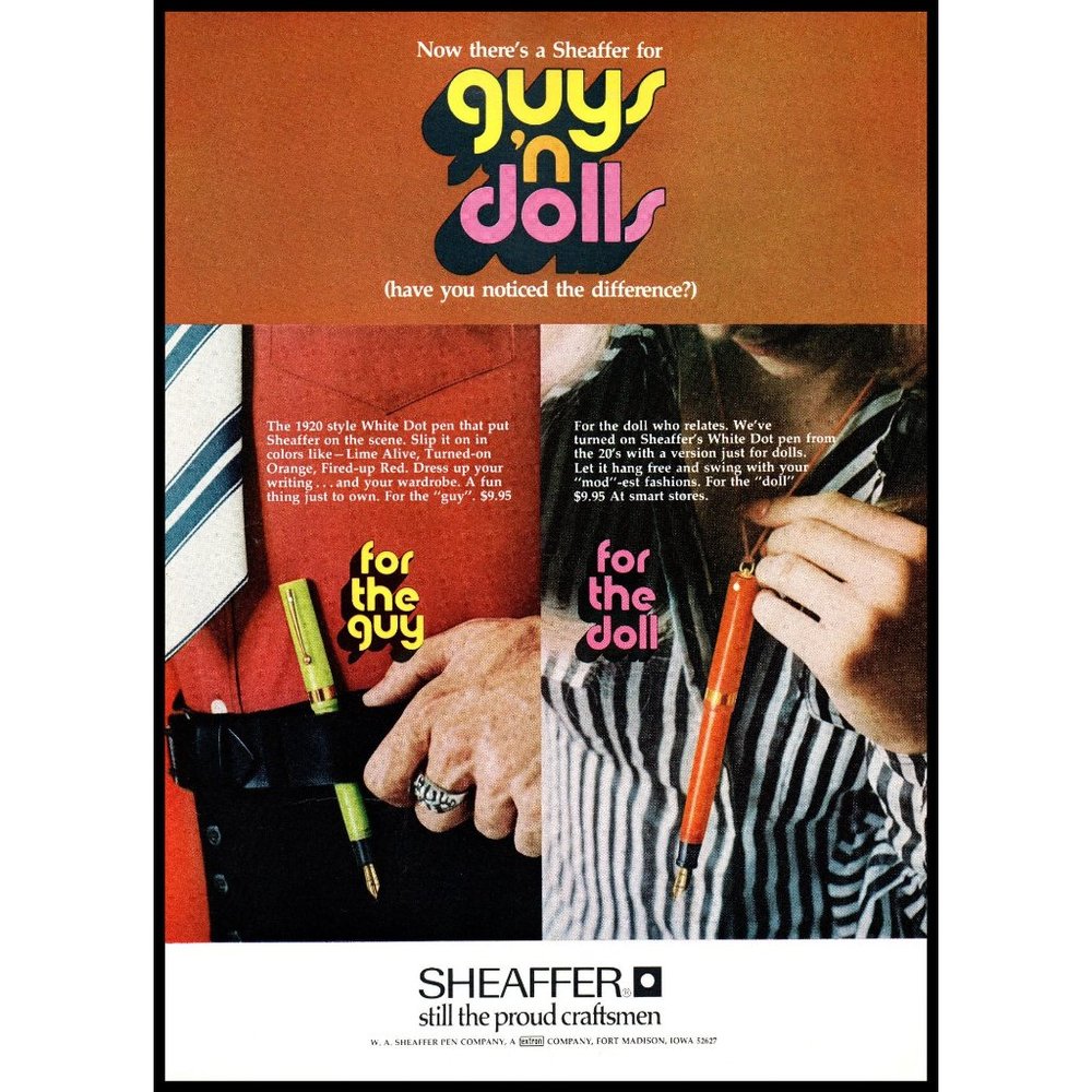 1970 Sheaffer Fountain Tip Pen Guys & Doll Vintage Print Ad Mod Fashion Wall Art